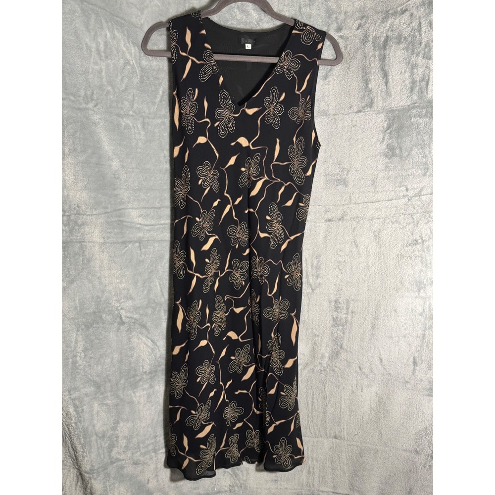 Lapis Women Black Floral Dot V-Neck Sleeveless Midi Dress Size L Made in USA